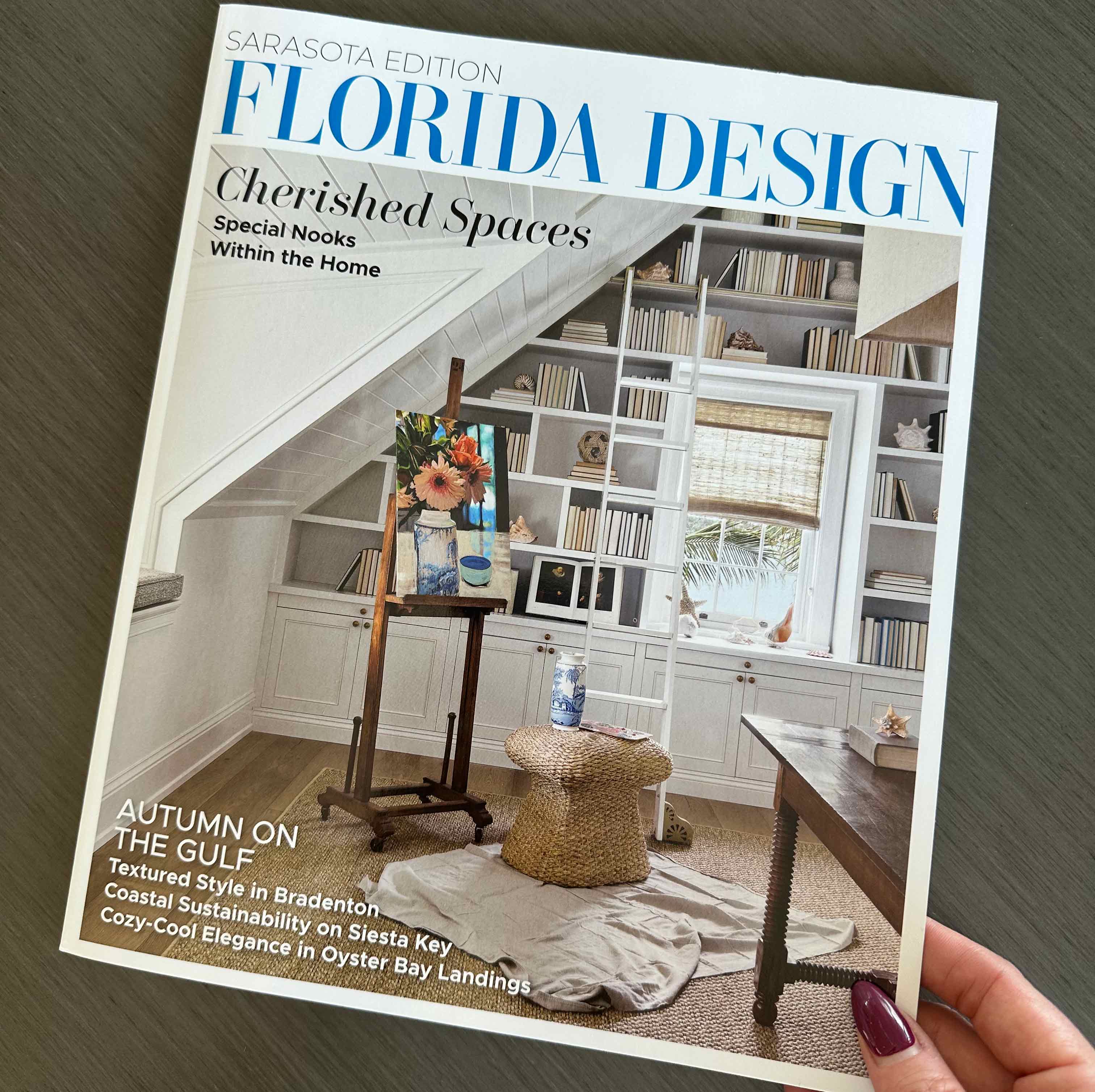 Florida Design Magazine (Sarasota Edition) cover featuring a curated built-in library nook